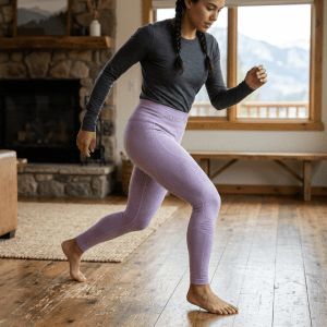 Woman barefoot doing a stretching exercise indoors near a window with mountains